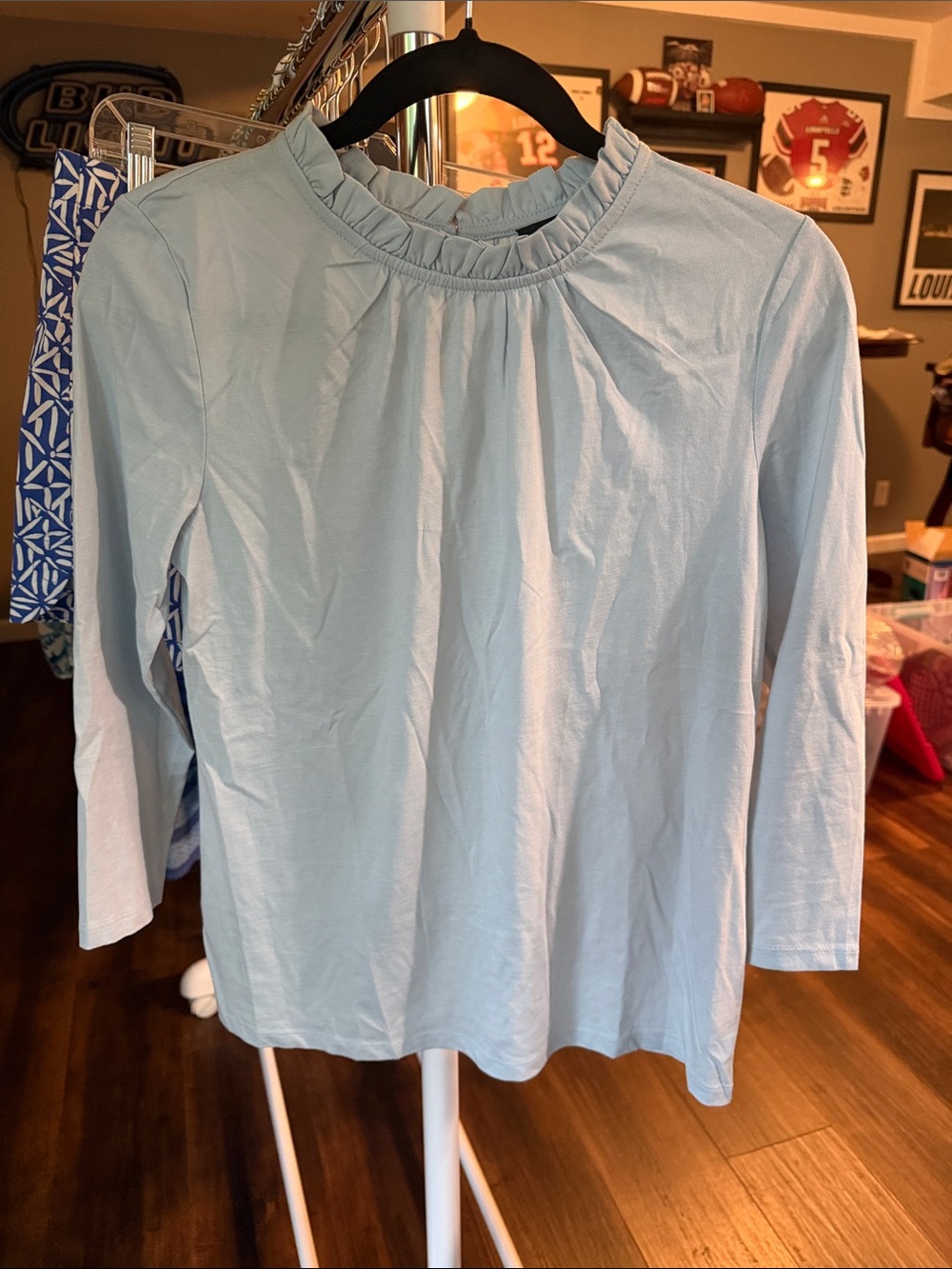 Ann Taylor Factory Light Blue Ruffle-Trim Long Sleeve Tee